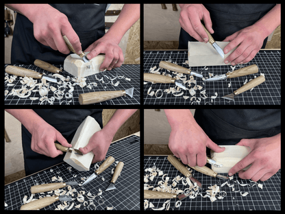 5-piece hand-forged wood carving knife set with ash handles by Sharky Forged Steel Tools