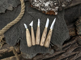 5-piece hand-forged wood carving knife set with ash handles by Sharky Forged Steel Tools