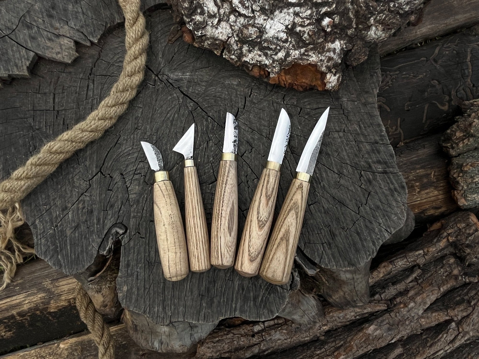 5-piece hand-forged wood carving knife set with ash handles by Sharky Forged Steel Tools
