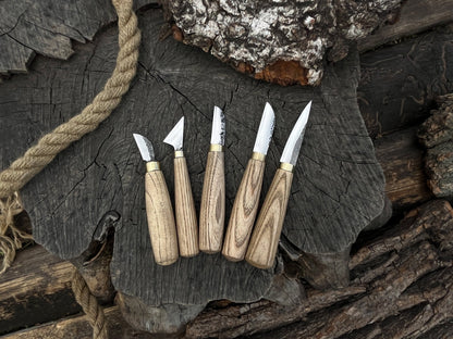 5-piece hand-forged wood carving knife set with ash handles by Sharky Forged Steel Tools