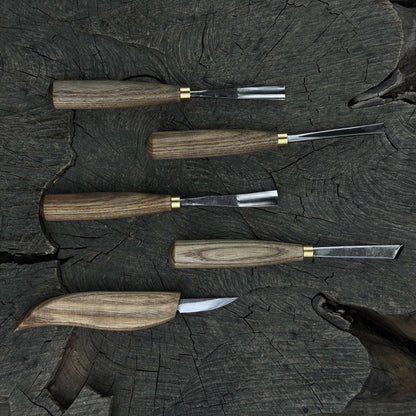 5-piece hand-forged wood carving tool set with ash wood handles and high-carbon steel blades
