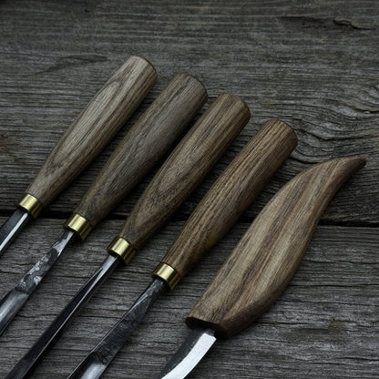 5-piece hand-forged wood carving tool set with ash wood handles and high-carbon steel blades