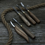 5-piece hand-forged wood carving tool set with ash wood handles and high-carbon steel blades