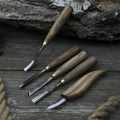 5-piece hand-forged wood carving tool set with ash wood handles and high-carbon steel blades