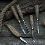 5-piece hand-forged wood carving tool set with ash wood handles and high-carbon steel blades
