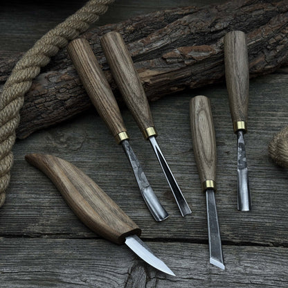 5-piece hand-forged wood carving tool set with ash wood handles and high-carbon steel blades