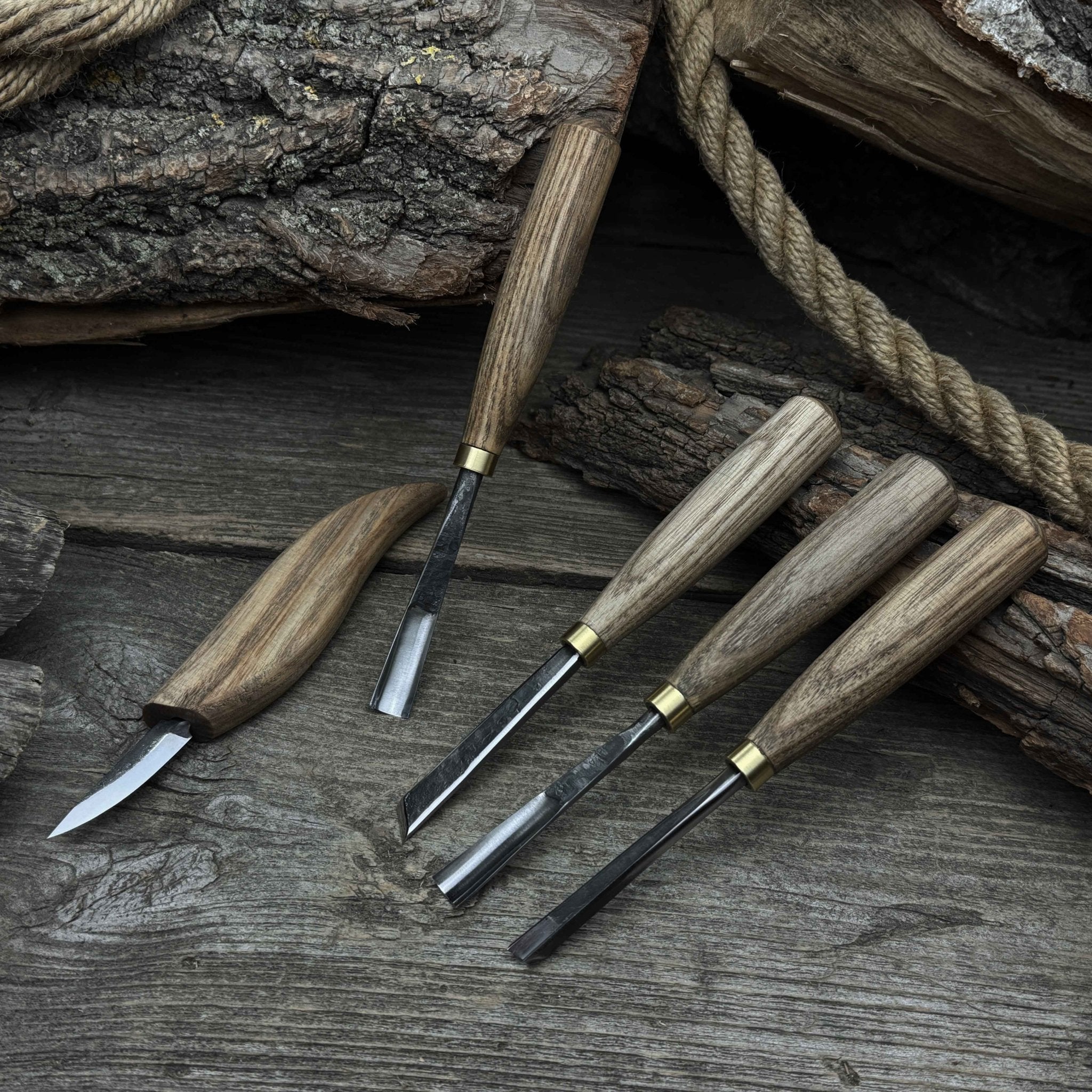 5-piece hand-forged wood carving tool set with ash wood handles and high-carbon steel blades