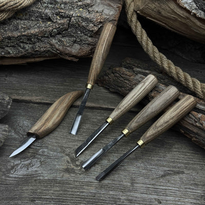 5-piece hand-forged wood carving tool set with ash wood handles and high-carbon steel blades