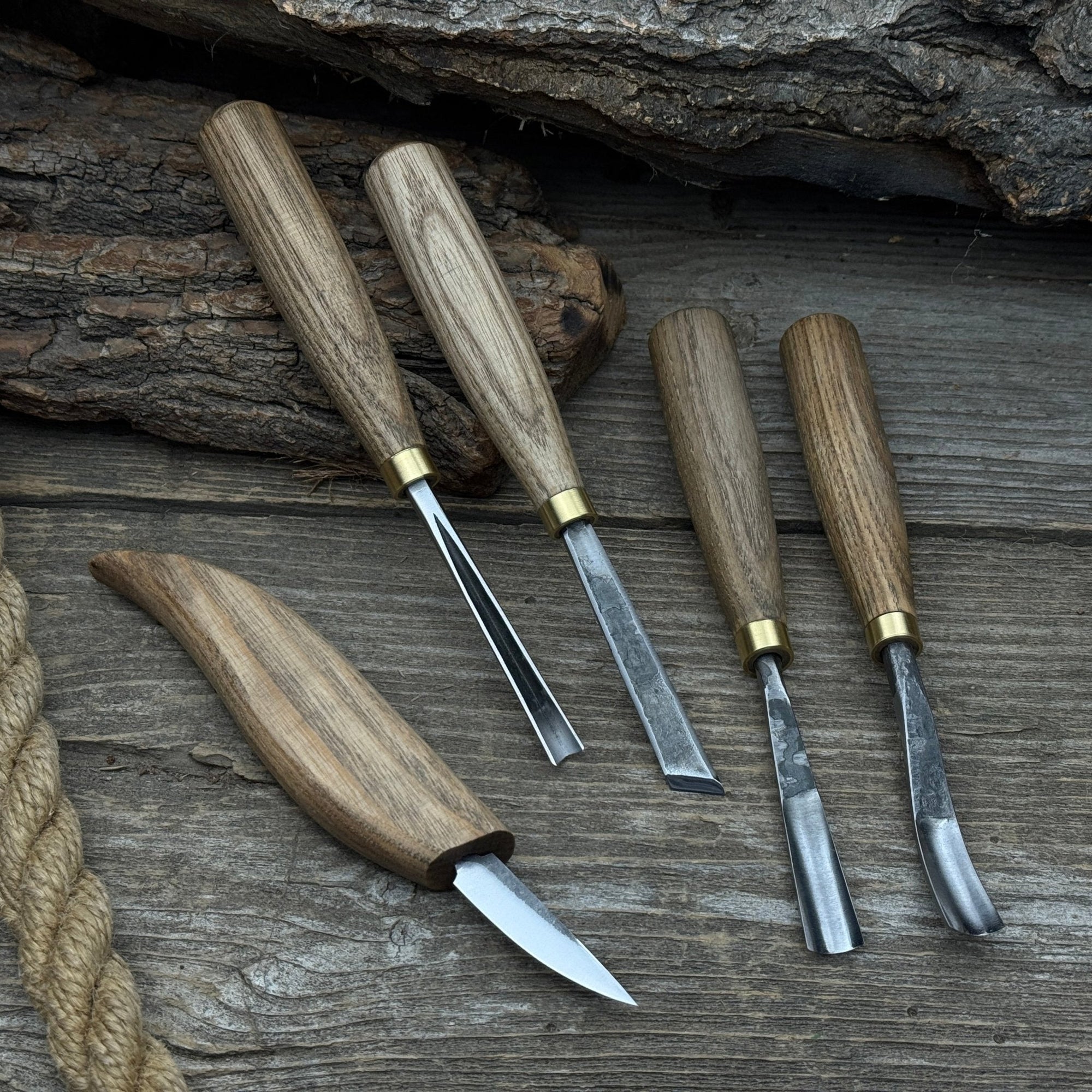 5-piece hand-forged wood carving tool set with ash wood handles and high-carbon steel blades