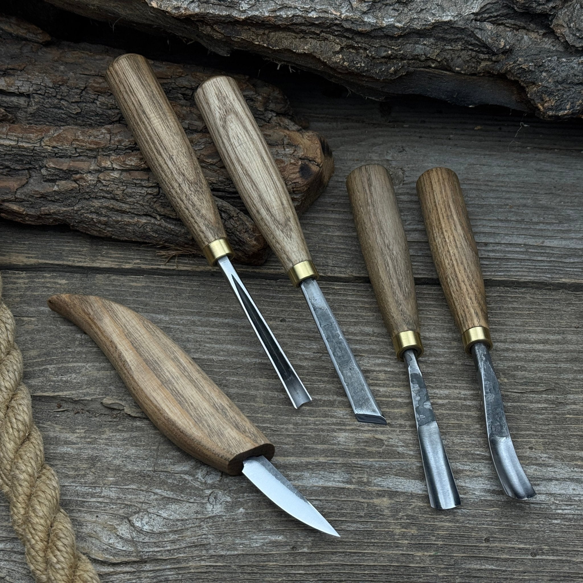 5-piece hand-forged wood carving tool set with ash wood handles and high-carbon steel blades