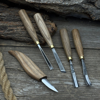 5-piece hand-forged wood carving tool set with ash wood handles and high-carbon steel blades