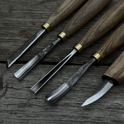 5-piece hand-forged wood carving tool set with ash wood handles and high-carbon steel blades