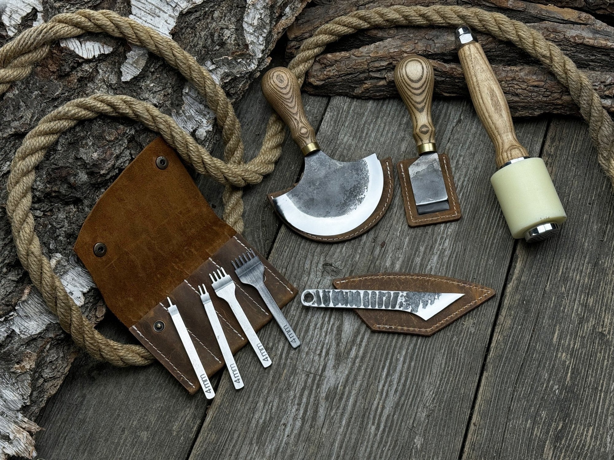 5-piece leather working tool set with nylon mallet and leather sheaths
