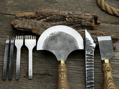 5-piece leather working tool set with nylon mallet and leather sheaths