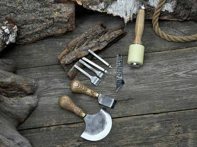 5-piece leather working tool set with nylon mallet and leather sheaths