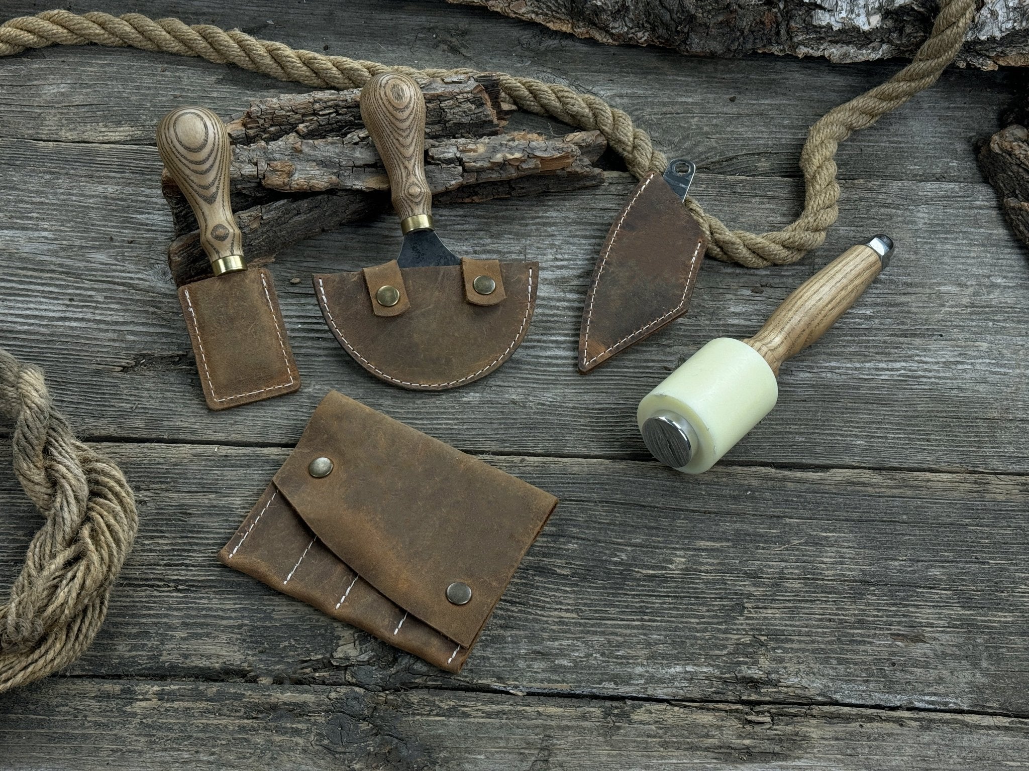 5-piece leather working tool set with nylon mallet and leather sheaths