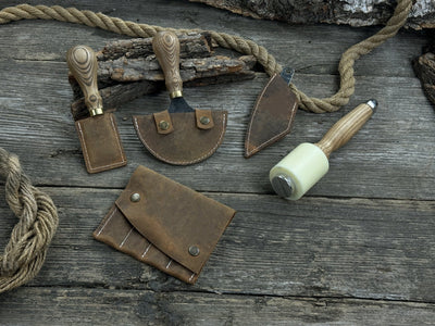 5-piece leather working tool set with nylon mallet and leather sheaths
