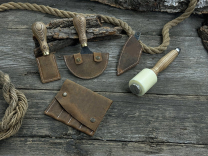 5-piece leather working tool set with nylon mallet and leather sheaths