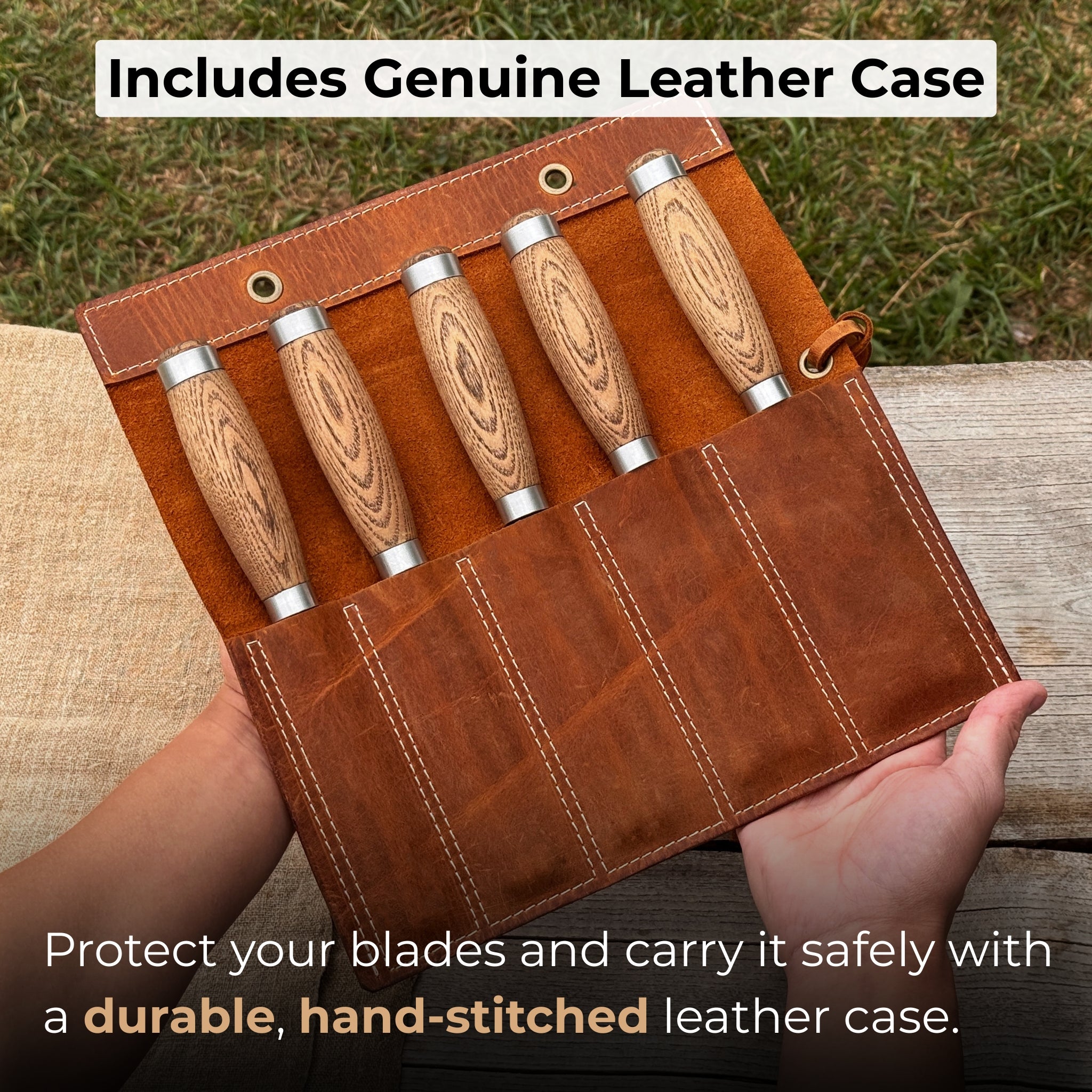 5-piece small timber framing chisel set with leather case by Sharky Forged Steel Tools