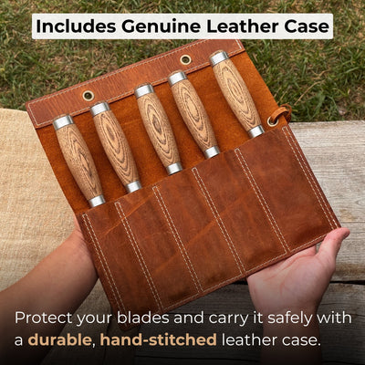 5-piece small timber framing chisel set with leather case by Sharky Forged Steel Tools