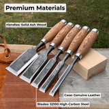 5-piece small timber framing chisel set with leather case by Sharky Forged Steel Tools