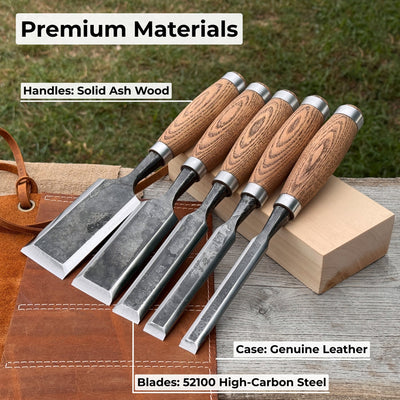 5-piece small timber framing chisel set with leather case by Sharky Forged Steel Tools