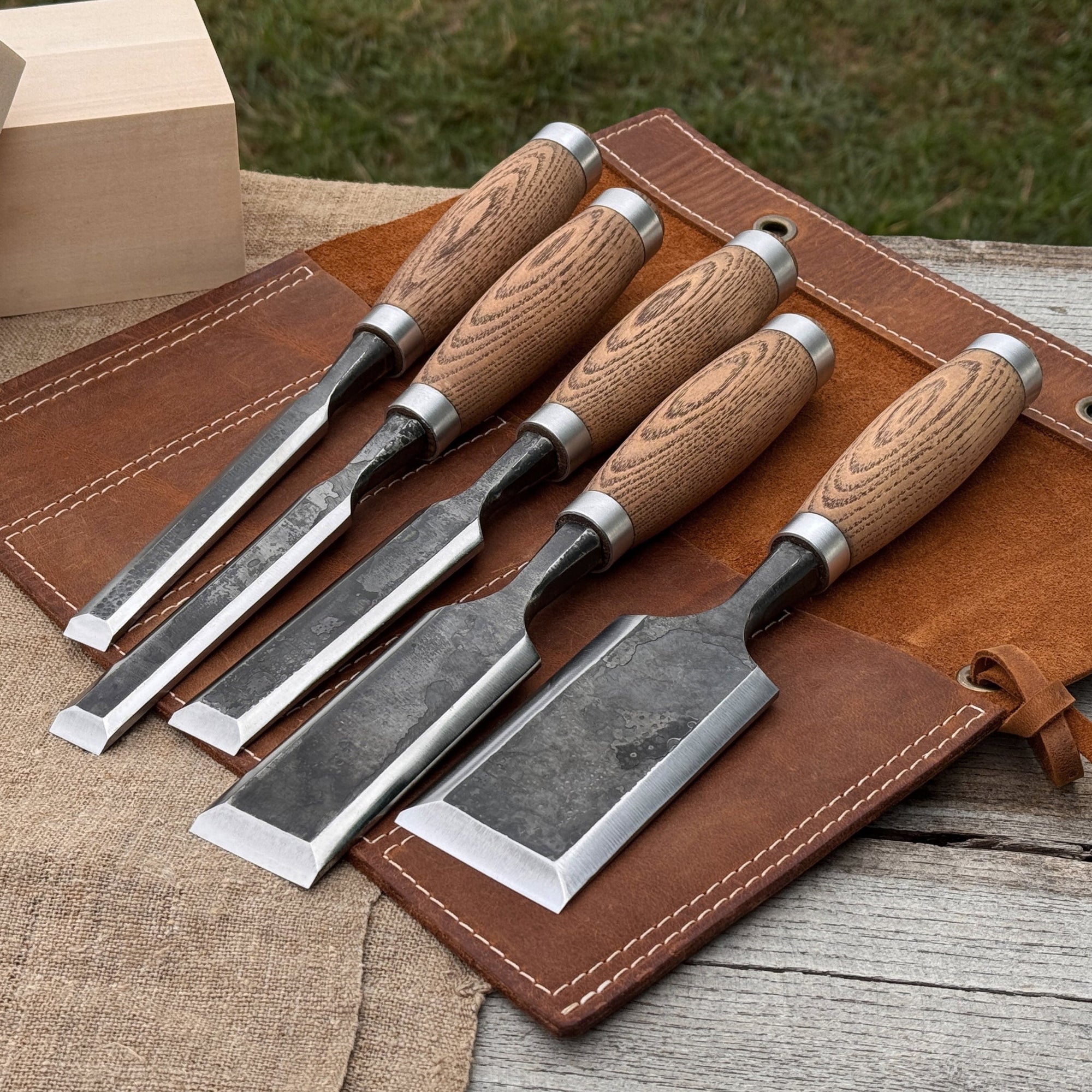5-piece small timber framing chisel set with leather case by Sharky Forged Steel Tools