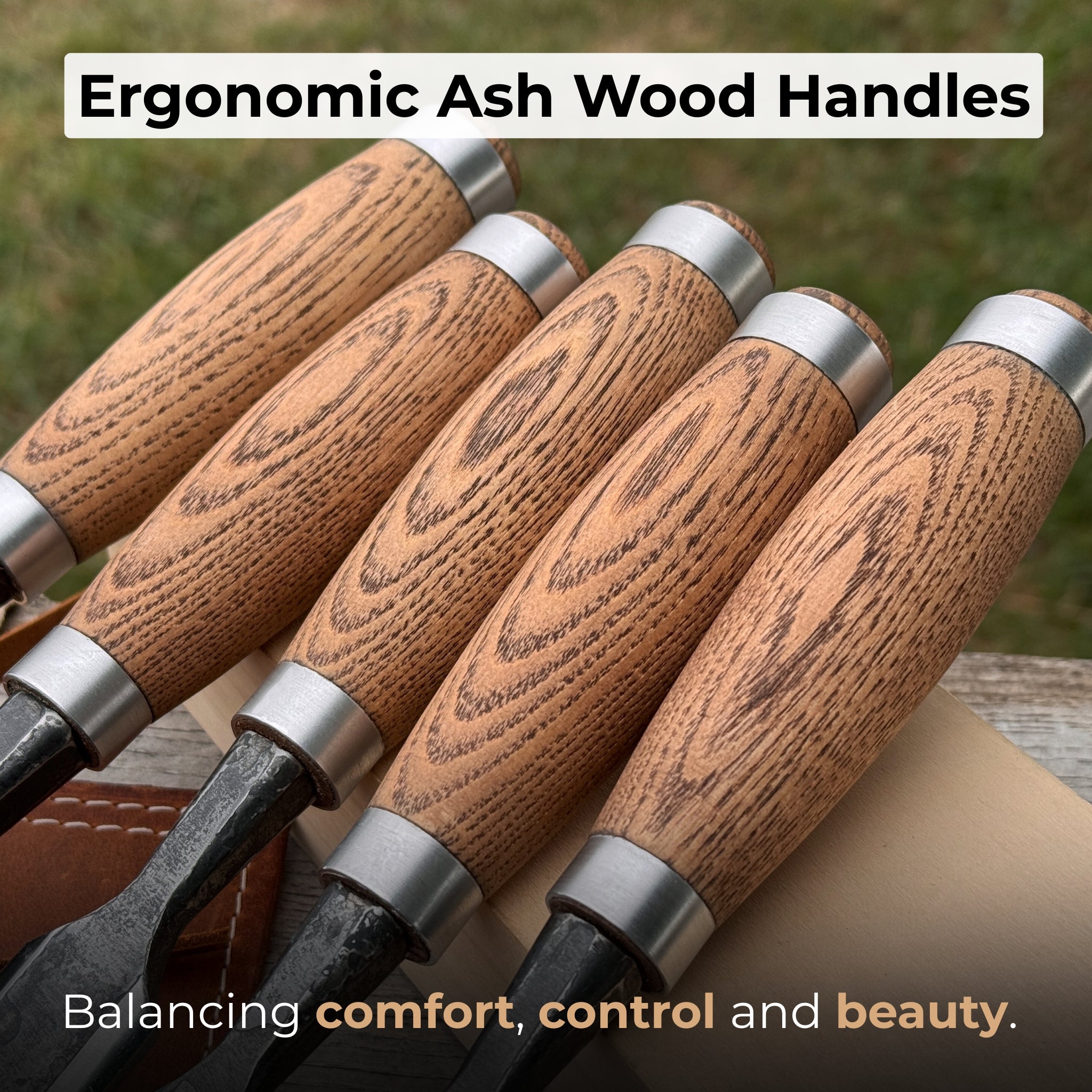 5-piece small timber framing chisel set with leather case by Sharky Forged Steel Tools