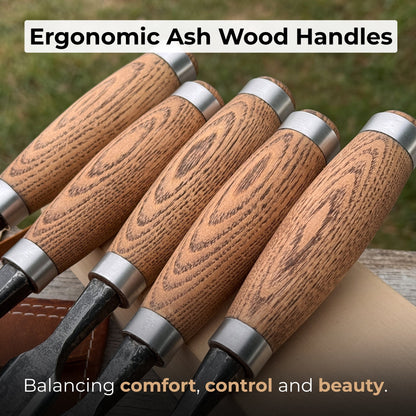 5-piece small timber framing chisel set with leather case by Sharky Forged Steel Tools