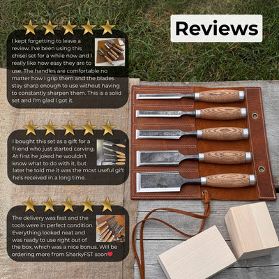 5-piece small timber framing chisel set with leather case by Sharky Forged Steel Tools