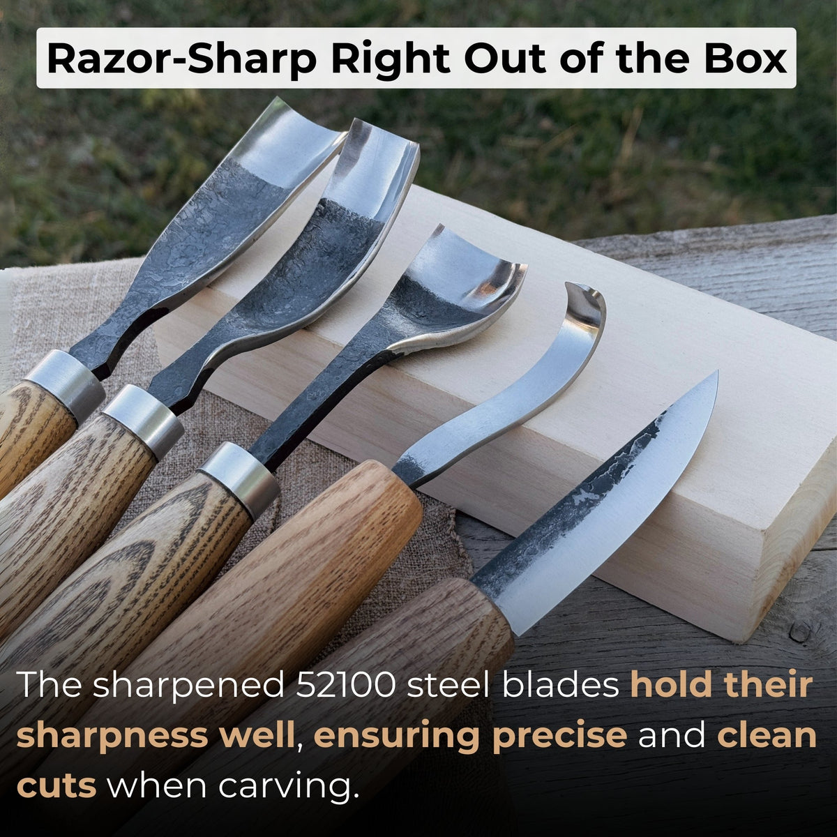 5-piece spoon and bowl carving tool set with leather sheaths by Sharky Forged Steel Tools