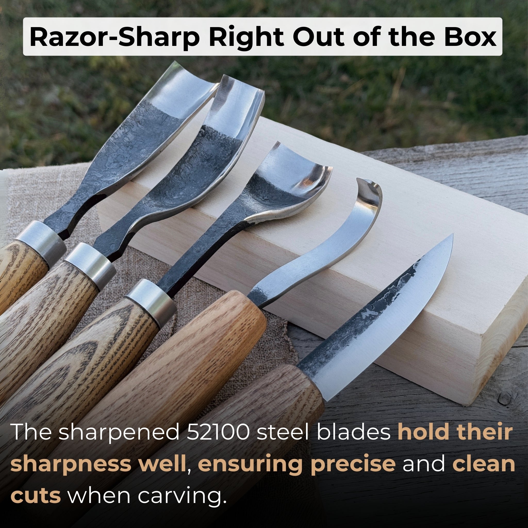 5-piece spoon and bowl carving tool set with leather sheaths by Sharky Forged Steel Tools