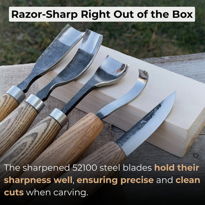 5-piece spoon and bowl carving tool set with leather sheaths by Sharky Forged Steel Tools