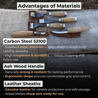 5-piece spoon and bowl carving tool set with leather sheaths by Sharky Forged Steel Tools