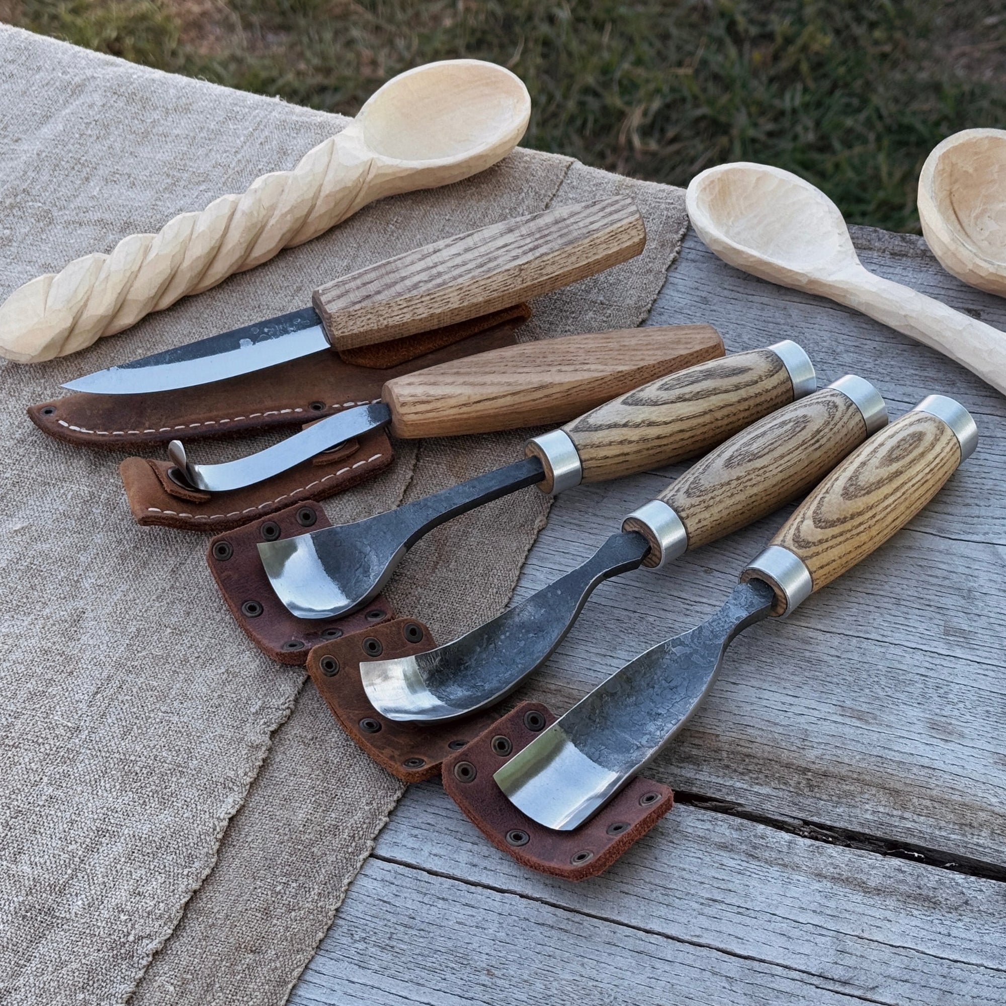 5-piece spoon and bowl carving tool set with leather sheaths by Sharky Forged Steel Tools