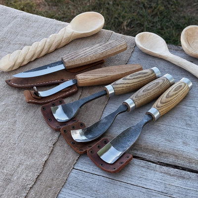 5-piece spoon and bowl carving tool set with leather sheaths by Sharky Forged Steel Tools