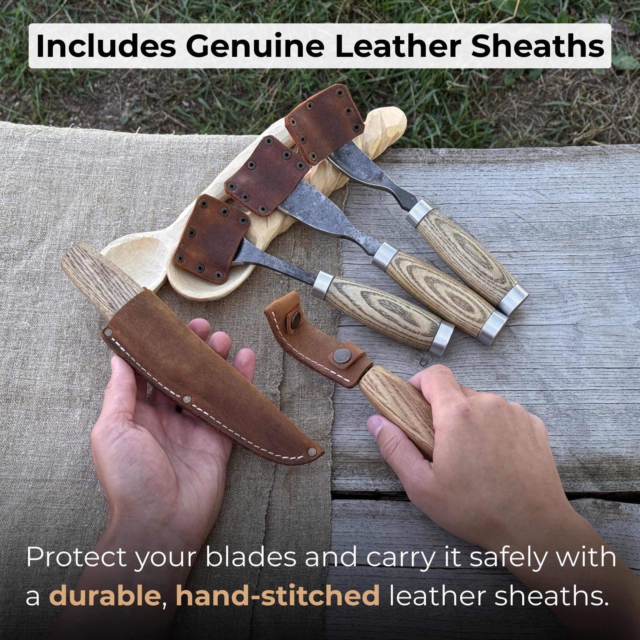 5-piece spoon and bowl carving tool set with leather sheaths by Sharky Forged Steel Tools