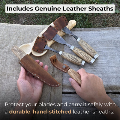 5-piece spoon and bowl carving tool set with leather sheaths by Sharky Forged Steel Tools