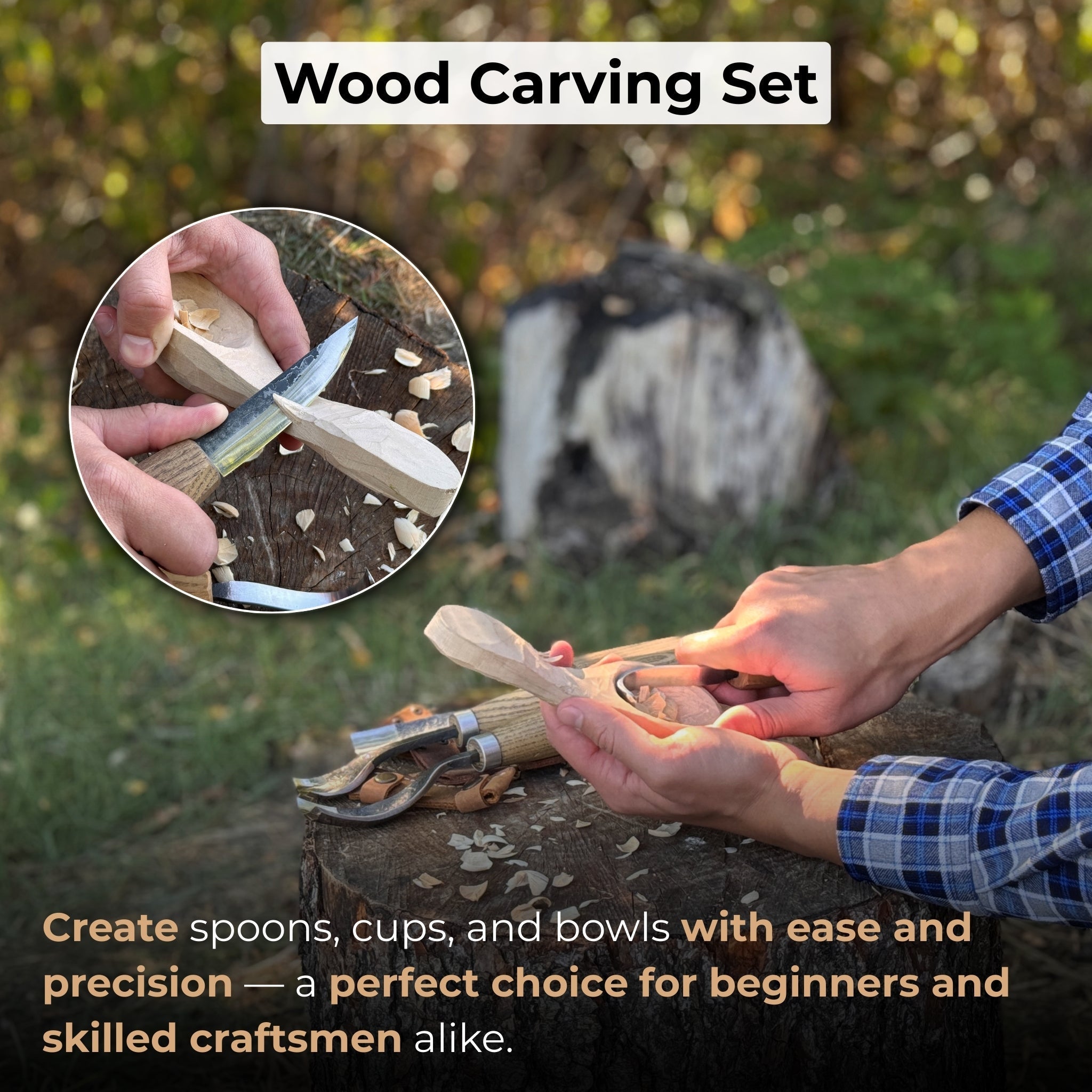 5-piece spoon and bowl carving tool set with leather sheaths by Sharky Forged Steel Tools
