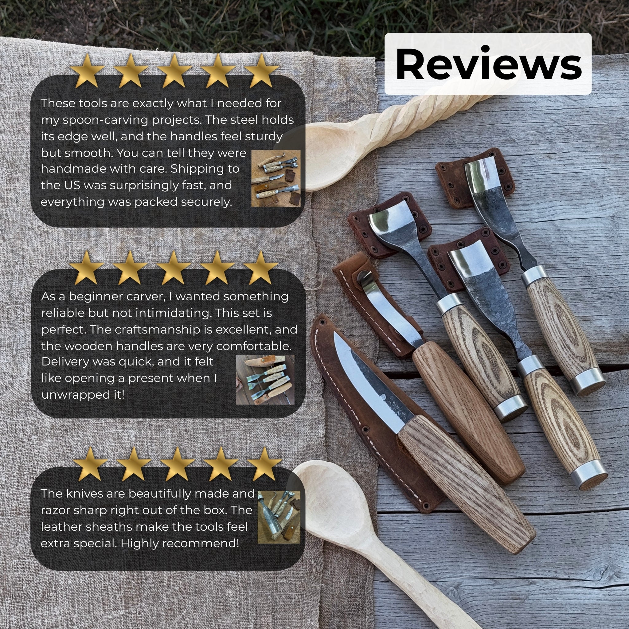 5-piece spoon and bowl carving tool set with leather sheaths by Sharky Forged Steel Tools