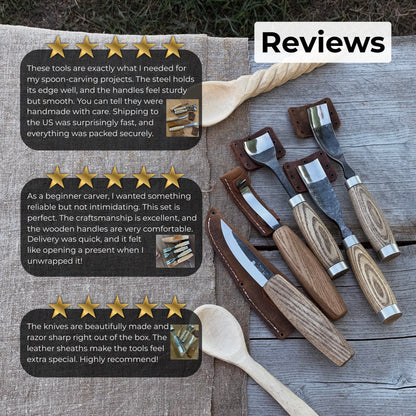 5-piece spoon and bowl carving tool set with leather sheaths by Sharky Forged Steel Tools