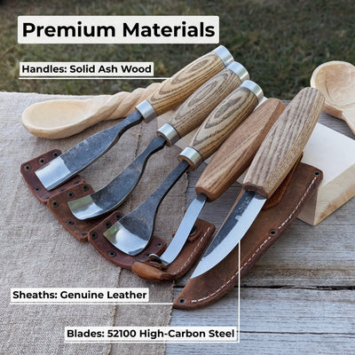 5-piece spoon and bowl carving tool set with leather sheaths by Sharky Forged Steel Tools