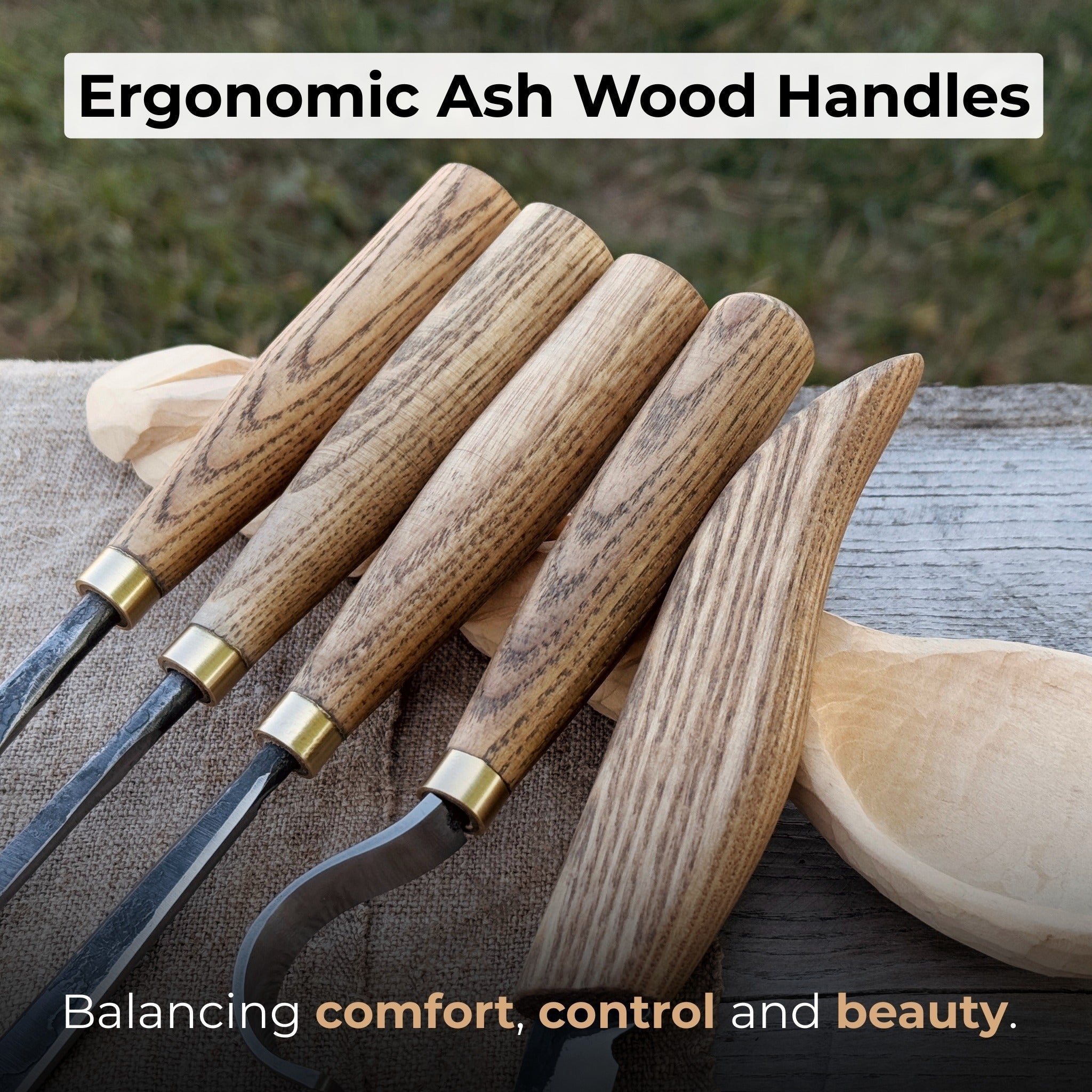 5-piece spoon carving tool set with leather strop and Crazy Horse leather case by Sharky Forged Steel Tools