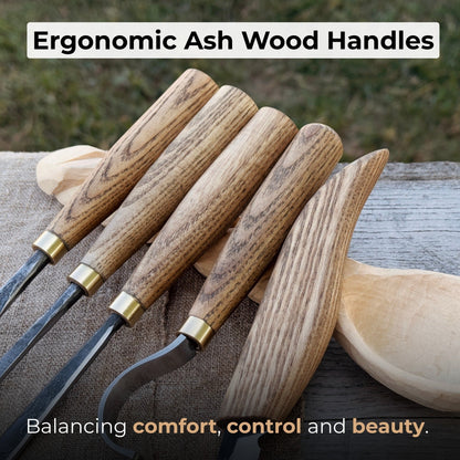 5-piece spoon carving tool set with leather strop and Crazy Horse leather case by Sharky Forged Steel Tools
