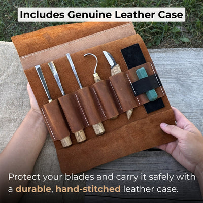 5-piece spoon carving tool set with leather strop and Crazy Horse leather case by Sharky Forged Steel Tools