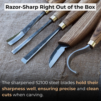 5-piece spoon carving tool set with leather strop and Crazy Horse leather case by Sharky Forged Steel Tools