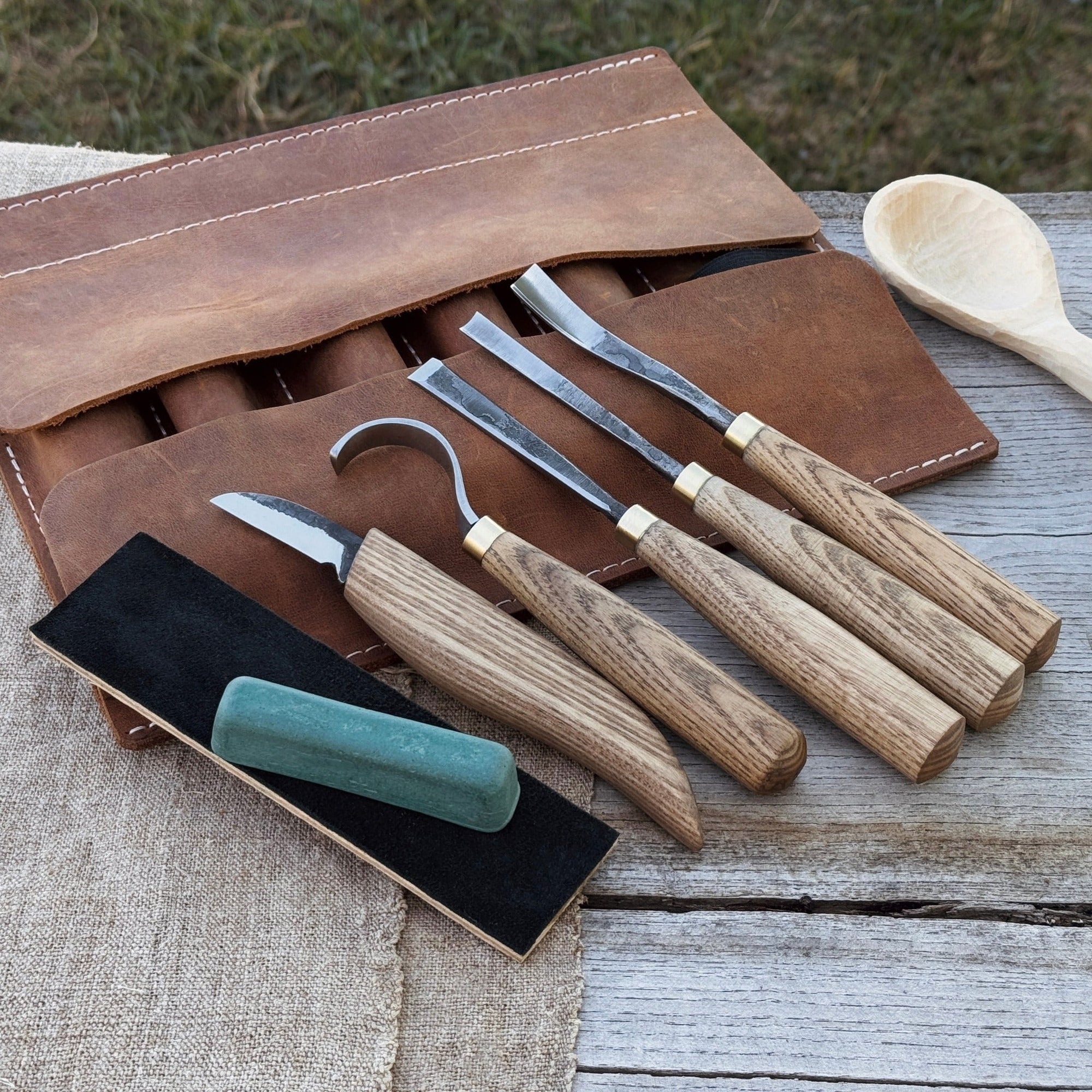 5-piece spoon carving tool set with leather strop and Crazy Horse leather case by Sharky Forged Steel Tools