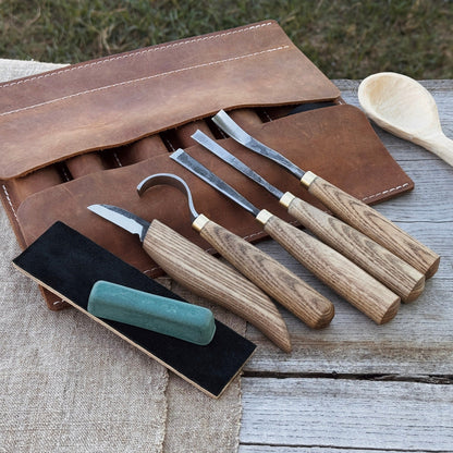 5-piece spoon carving tool set with leather strop and Crazy Horse leather case by Sharky Forged Steel Tools