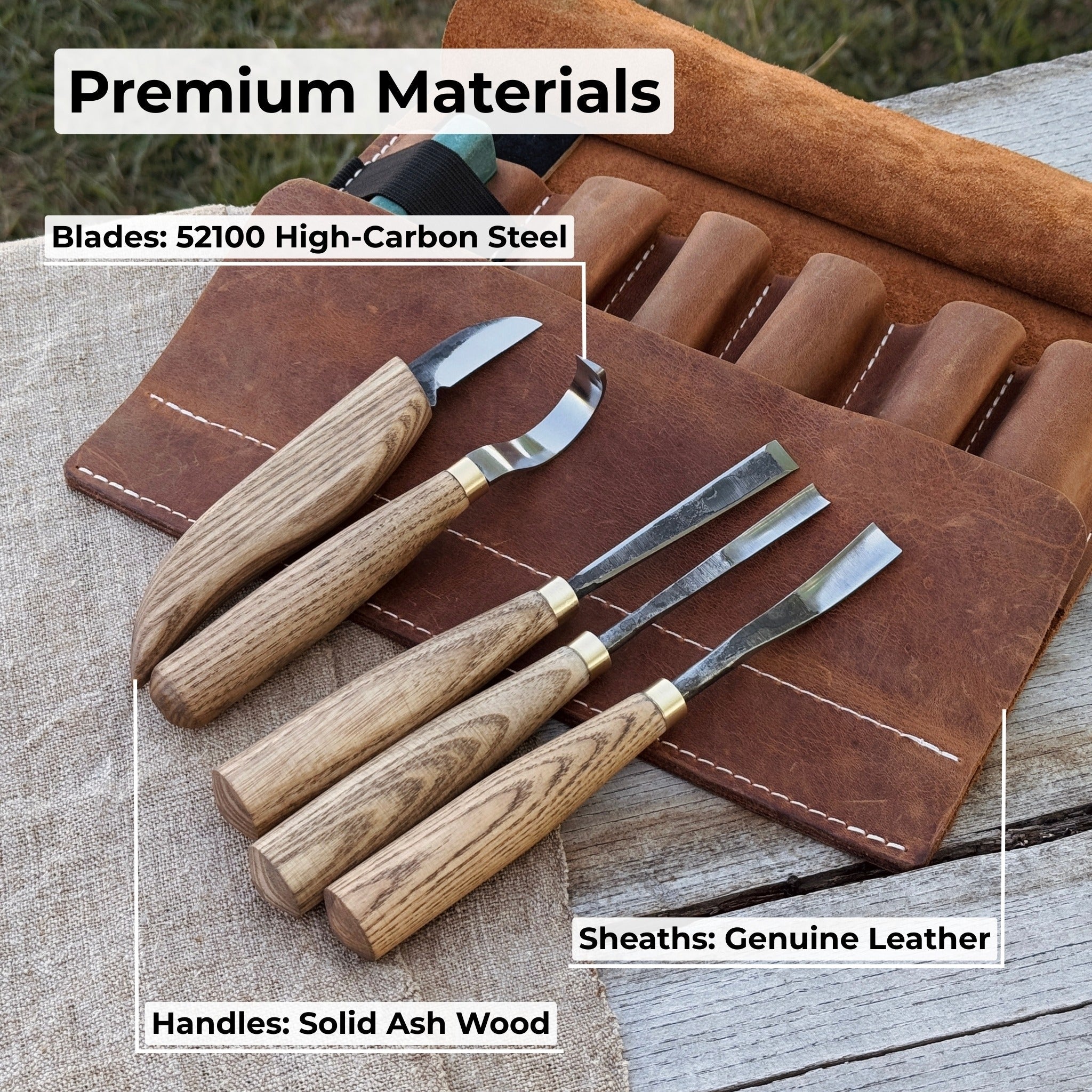 5-piece spoon carving tool set with leather strop and Crazy Horse leather case by Sharky Forged Steel Tools