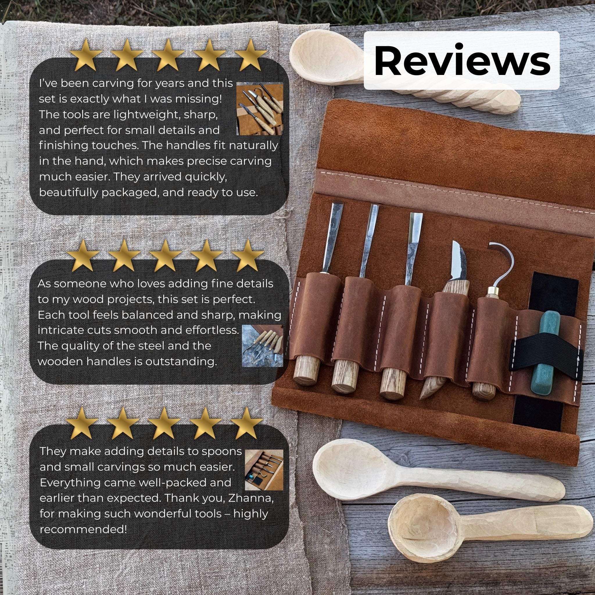 5-piece spoon carving tool set with leather strop and Crazy Horse leather case by Sharky Forged Steel Tools